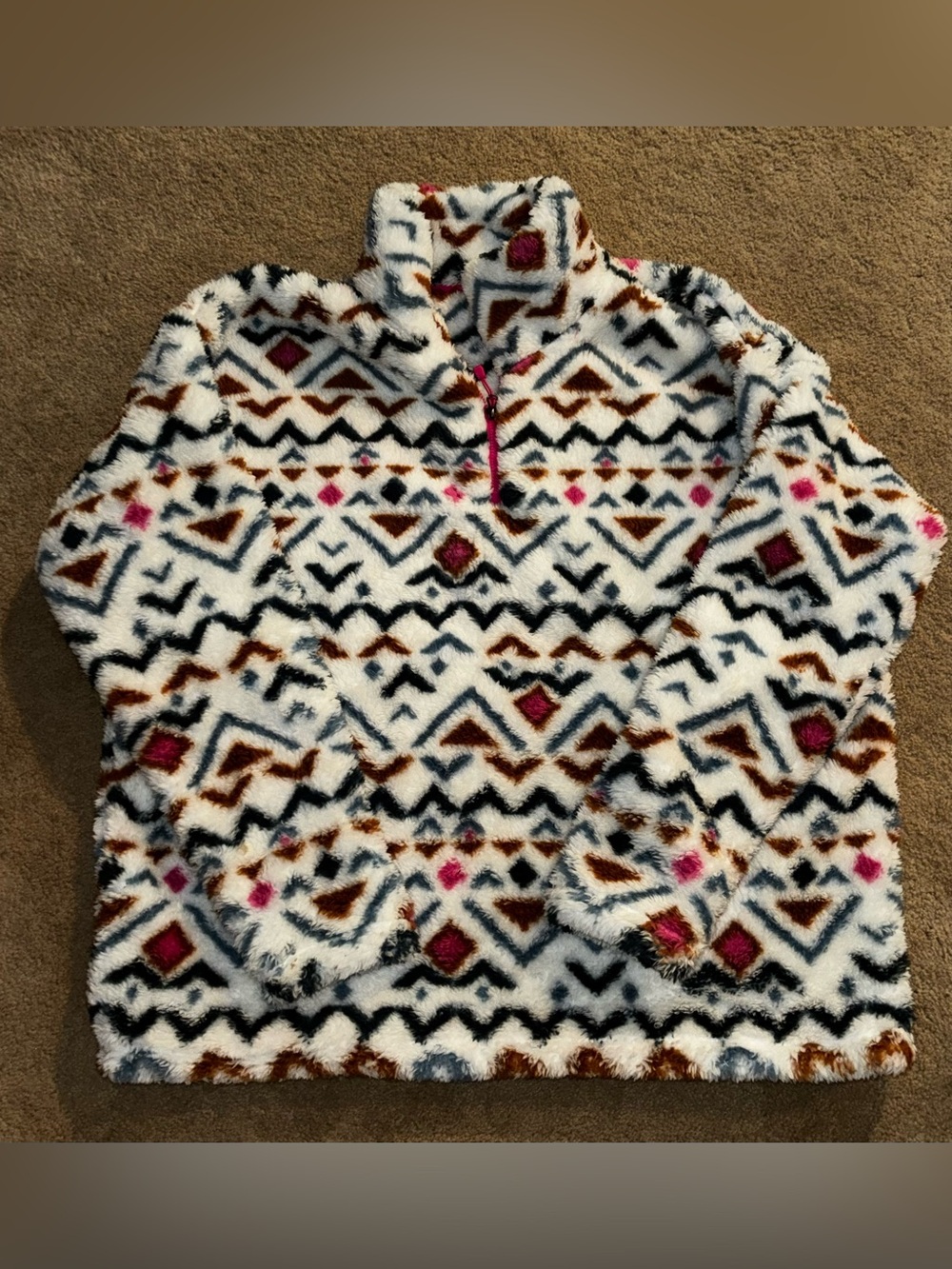 Eddie Bauer White Fuzzy Pullover with Black, Brown and Pink Aztec Pattern